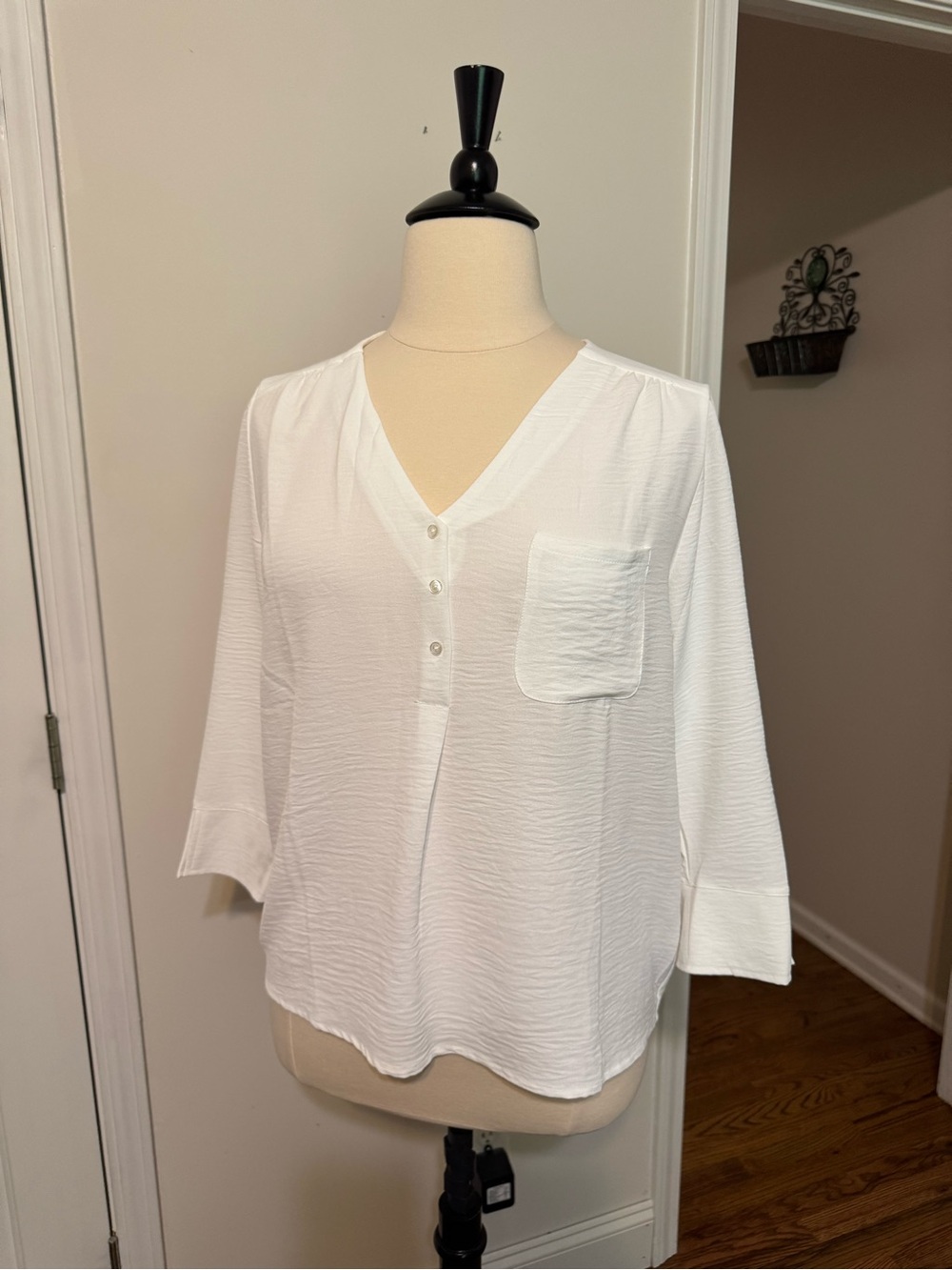 Classic White V-Neck Button-Front Pocket Blouse